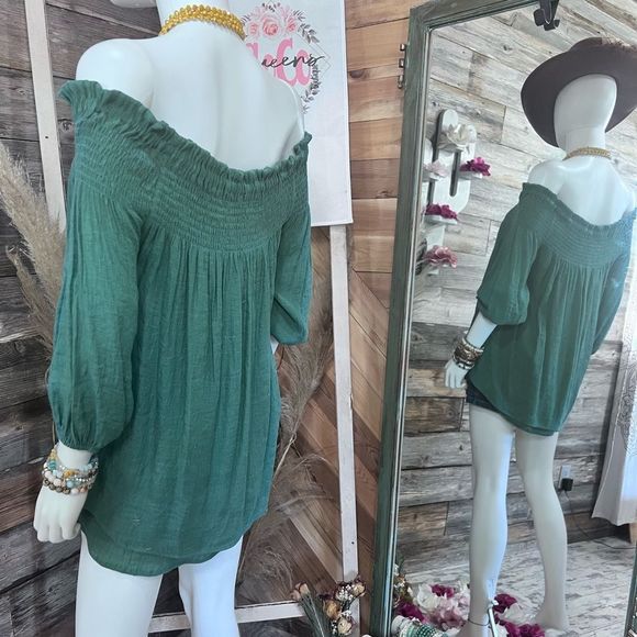 Kori America Smocked Off Shoulder Trapeze Top Button Placket Detail Teal💗 - Picture 5 of 7